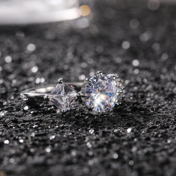 ▶CZ Square Leaf 925 Silver Plated Wedding/Engagement Ring for Women, K940 - Picture 8 of 10